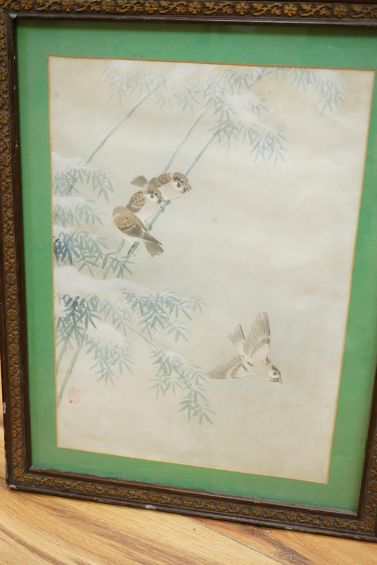 A pair of Japanese woodblock prints, women wearing kimonos and a watercolour, birds and sprigs, each framed